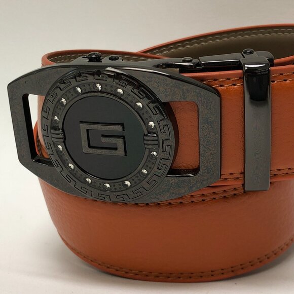 Orange belt Men's Leather‎ Ratchet Belt with Automatic Buckle Adjustable Dress - Picture 2 of 3